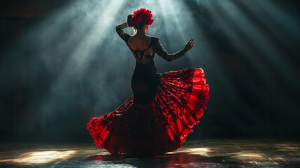 Flamenco dancer on stage. Stage lights, long dress, beautiful woman