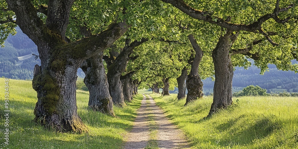 Sticker A tranquil countryside path lined with old oak trees 