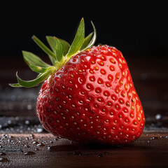 Strawberry with droplets of water, captured in close-up against a dark background for a fresh look.
