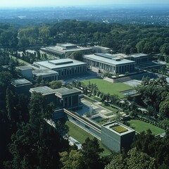 Fototapeta premium Aerial view of an embassy complex, showing the main building, surrounding security features, and landscaped grounds