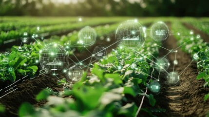 AI-enhanced data analysis icons floating over a digital representation of a farm, illustrating efficiency and sustainability in agriculture.