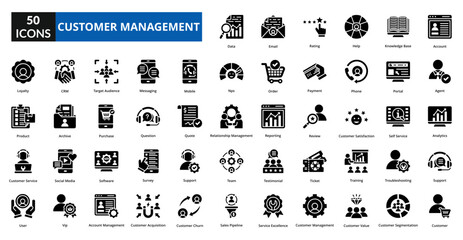 customer management icon set collection. account, agent, analytics, support, customer, data, email, rating, help, knowledge base