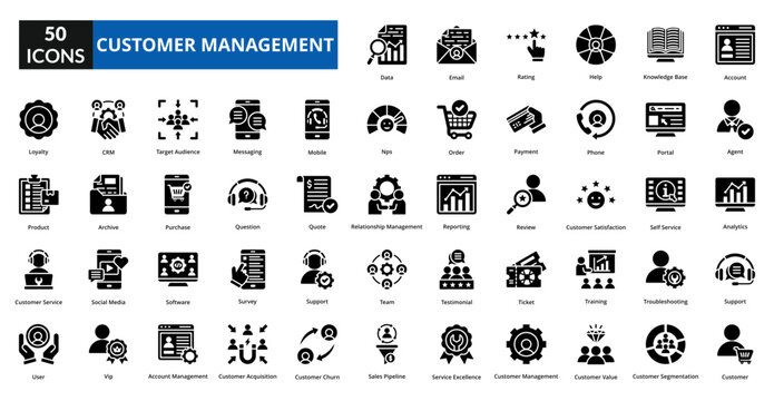 customer management icon set collection. account, agent, analytics, support, customer, data, email, rating, help, knowledge base