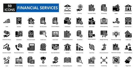 financial services icon set collection. bank building, atm machine, credit card, financial advisor, piggy bank, stock market, currency, insurance policy, accounting, wallet