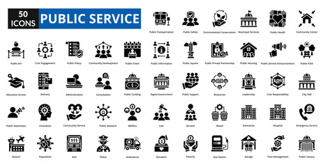 public service icon set collection. community center, public park, city hall, emergency service, public library, public transportation, public safety, environmental, municipal services, healthcare
