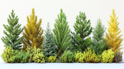 Fototapeta premium Variety of Evergreen Trees on White Background Generative AI