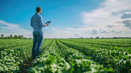 Fototapeta premium An agronomist standing in a lush agricultural field, using a tablet to monitor crop growth and analyze data, under a clear blue sky.