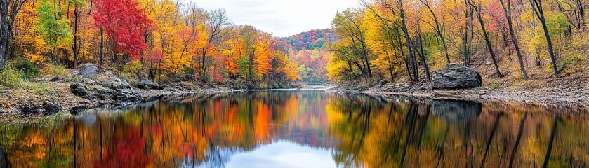 Obraz premium Autumn forest river reflection with vivid fall colors, peaceful and picturesque, nature's palette