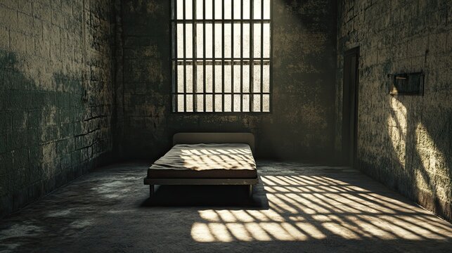 An empty prison cell interior with a small bed and a barred window, casting shadows on the cold, bare floor, creating a sense of isolation.