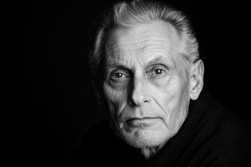 Obraz premium A striking portrait of an elderly man, showcasing deep lines and wisdom, captured in a dramatic black and white style.
