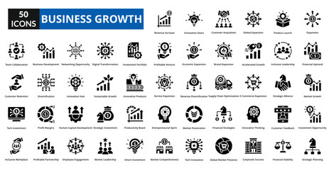 business growth icon set collection. Expansion, Financial Uptrend, Market Growth, Investment Opportunity, Strategic Planning, Revenue Increase, customer Acquisition, Global Expansion, Product launch
