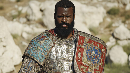 A full-body photograph of a Black man with a beard, dressed in ancient Hebrew armor.