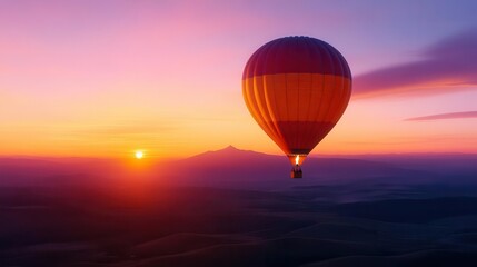 Obraz premium A stunning hot air balloon floats gracefully in the colorful sky at sunset, offering breathtaking views and serene moments.