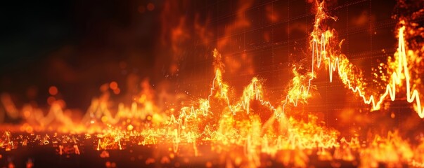 Dramatic image of financial graphs in flames, symbolizing a market crash and price drop