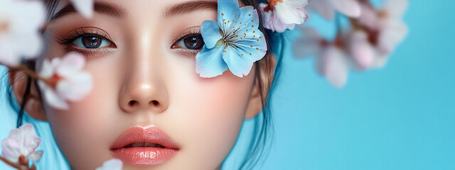 Beautiful young asian woman with flowers and petals on her face. Beauty parlor long horizontal banner concept, copyspace	