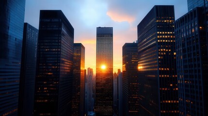 A stunning sunset amidst modern skyscrapers, casting a warm glow over the urban skyline, symbolizing hope and tranquility.