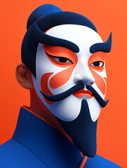 An elegant ancient Chinese man with a Peking Opera mask, adorned with intricate designs inspired by Dunhuang murals, set against a vibrant background of geometric shapes and symmetrical compositions, 