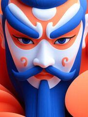 An elegant ancient Chinese man with a Peking Opera mask, adorned with intricate designs inspired by Dunhuang murals, set against a vibrant background of geometric shapes and symmetrical compositions, 