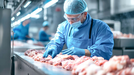 A dedicated worker in protective clothing meticulously cuts chicken meat on a bustling processing line, showcasing the industry's commitment to safety and quality