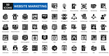 website marketing icon set collection. SEO Optimization, Content Creation, Social Media Marketing, Email Campaign, Pay Per Click Advertising, Website Analytics, Conversion Rate Optimization,
