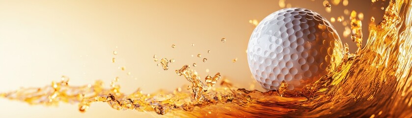 A dynamic image of a golf ball striking water, creating splashes in a vibrant golden background. Perfect for sports and nature themes.
