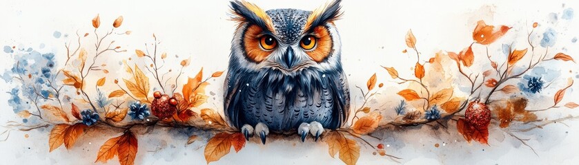 Obraz premium A majestic owl perched on a colorful branch adorned with autumn leaves and blossoms, capturing the essence of wildlife.