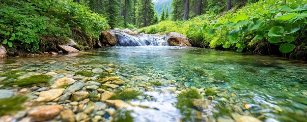 Alpine forest with mountain stream, crystal-clear water flowing through lush greenery, peaceful and refreshing setting