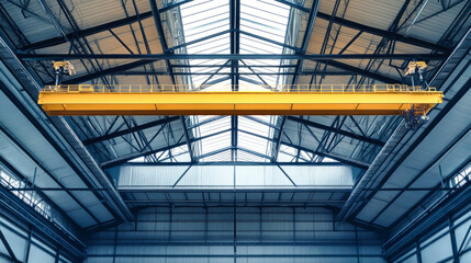 A yellow overhead crane with a lifting block is showcased prominently in a modern hangar, surrounded by a sleek grey steel structure