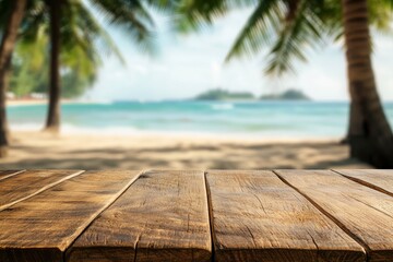 Fototapeta premium Empty wooden table with blurred beach with coconut trees in the background with generative ai