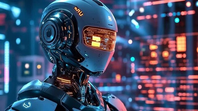 A futuristic robot in a digital world filled with vibrant lights and advanced computer systems, featuring a metallic head and orange display in a high-tech lab environment.