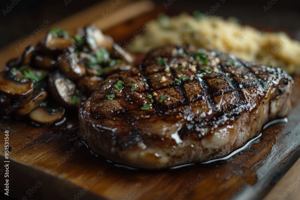 Sticker Grilled Steak and Mushrooms on Wooden Platter