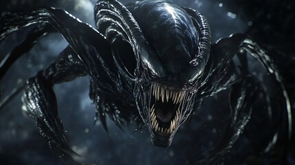 An ominous black creature with sharp teeth lurking in a dark, misty environment