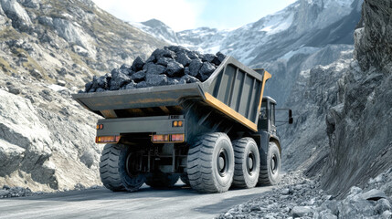 A heavy dump truck navigates a quarry road, carrying a massive load of coal from the mountain to its destination