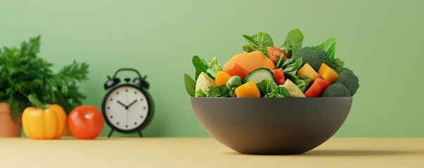 Salad bowl with vegetables and a ticking clock in the background, quick and healthy recipe, 3D illustration