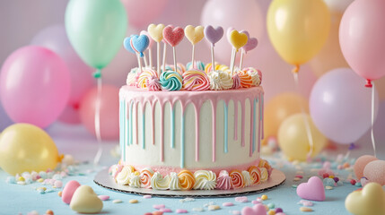Colorful dripping cake with swirled icing and heart-shaped toppers, surrounded by pastel balloons and confetti, perfect for celebrations.