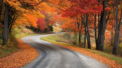 Winding country road lined with vibrant maple trees, fallen leaves scattered