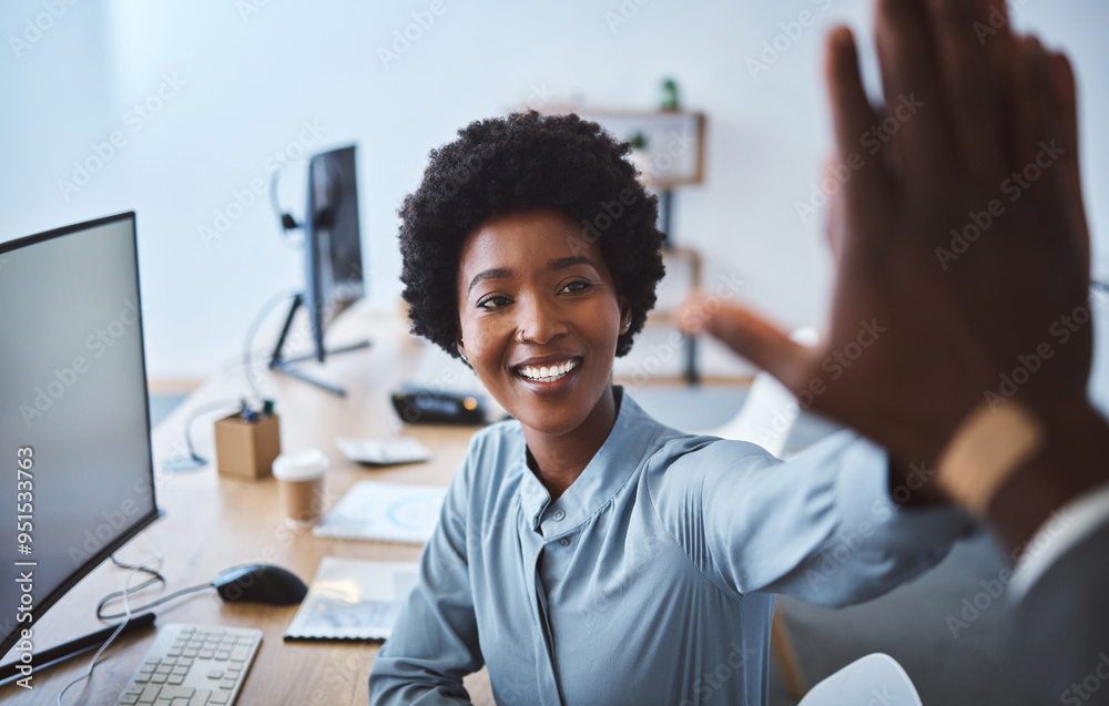 Wall mural Happy, black woman and call center with high five for winning, promotion or success at office. Young African, consultant or agent with smile or touch for teamwork, good job or well done at workplace