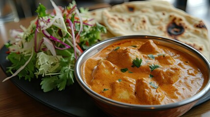 Delicious butter chicken served with naan and a side of salad, capturing the creamy texture and rich taste of this classic Indian dish.