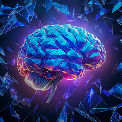 Brain from futuristic polygonal blue lines on the abstract background.