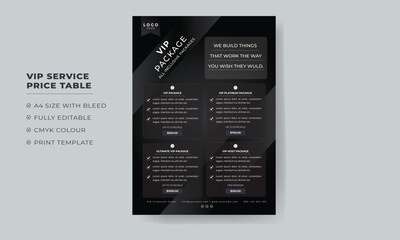 VIP Service Price Table , VIP Service Price Table flyer,  Price Table flyer template for business