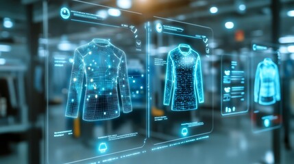 Augmented reality shopping experience in a modern retail store, with virtual try-ons and product information overlays