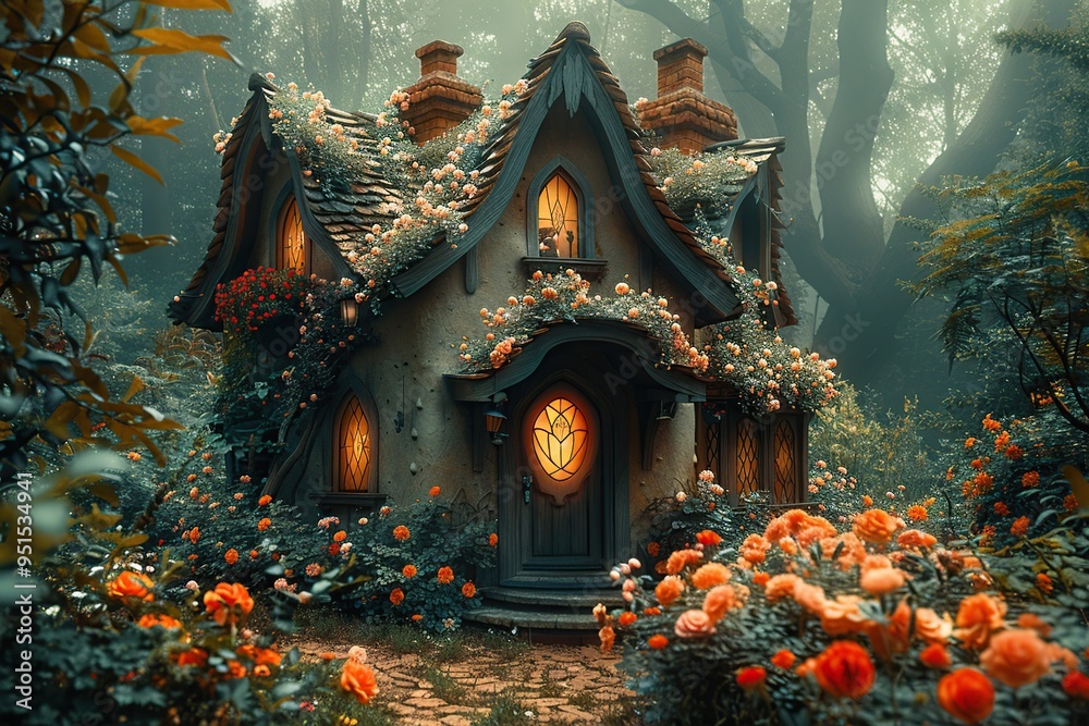 Wall mural Enchanted Cottage in a Misty Forest