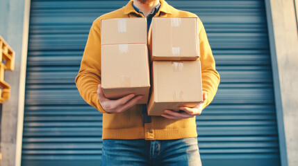 A man gently places several cardboard boxes on the ground in front of a warehouse, showcasing his careful handling and a warm, inviting environment