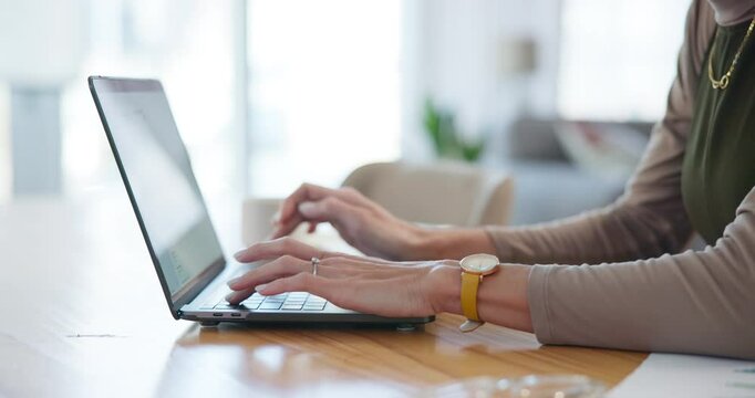 Remote work from home, hands and woman with laptop, internet and research for project, email and network. Closeup, person and freelancer with pc, typing and connection for proposal and online reading