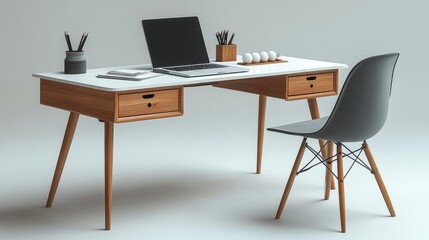 Minimalist Wooden Desk with Modern Laptop Generative AI