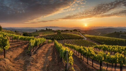 Naklejka premium Panoramic view of hilltop vineyard at sunset