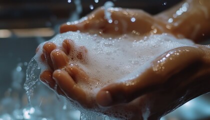 Fototapeta premium Close-up of hands cupping soapy water with bubbles.