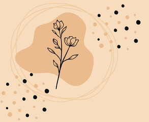Boho line art seamless light  brown background with  black and wine dots