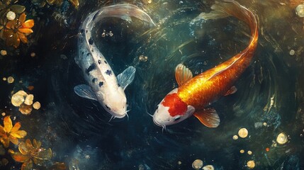 Koi carps swimming near the bottom of a pond, their bright colors contrasting with the dark, muddy water.