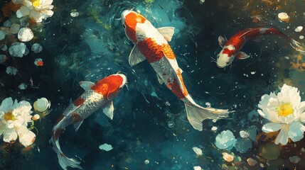 Koi carps swimming near the bottom of a pond, their bright colors contrasting with the dark, muddy water.